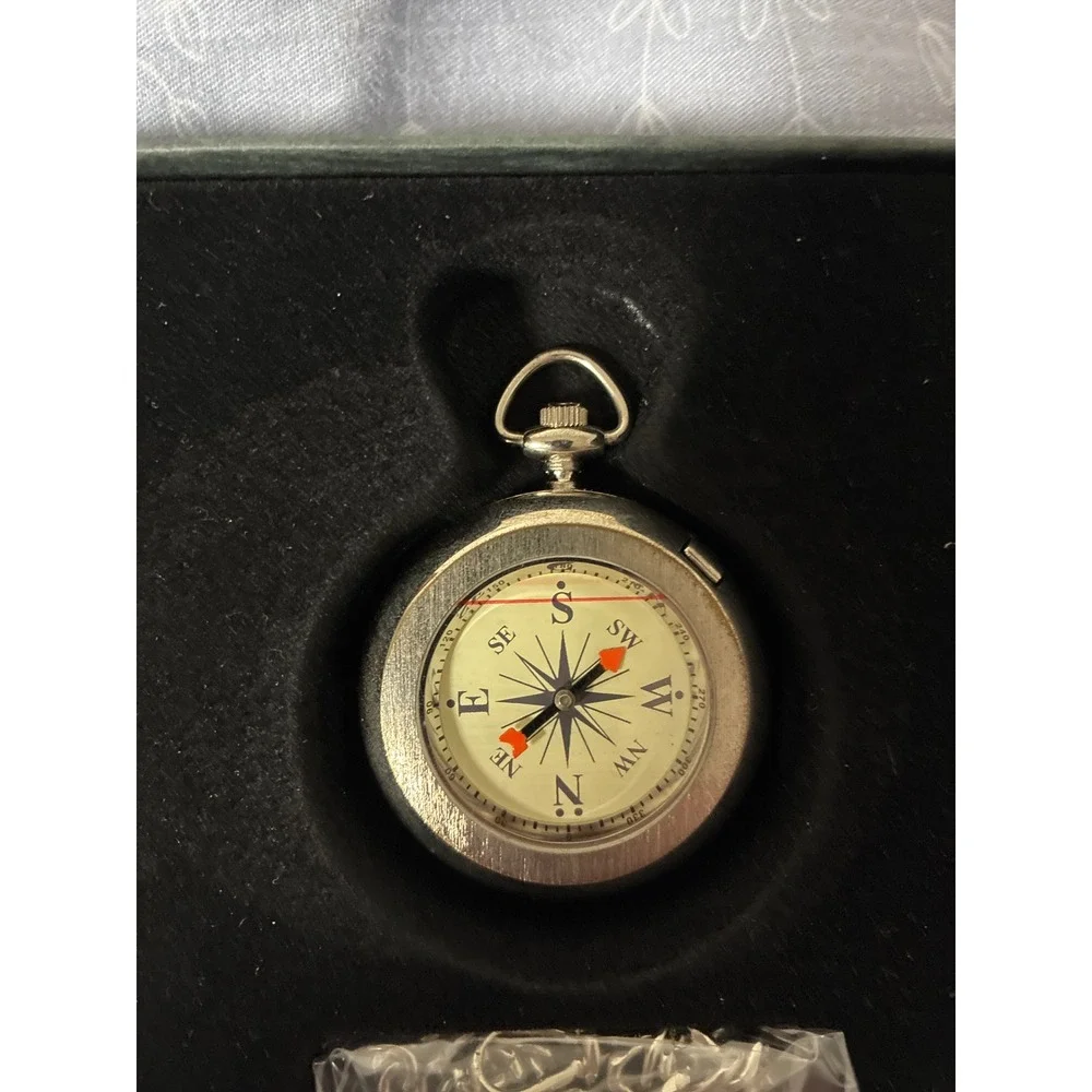 Dakota Pocket Watch Compass Silver Tone Japan Quartz Brown Leather Pouch Box Set